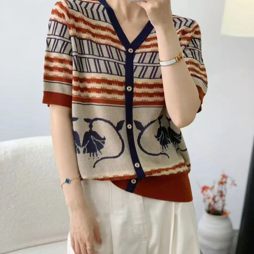 新款百搭撞色复古宽松显瘦短袖上衣女夏季潮流设计感高级