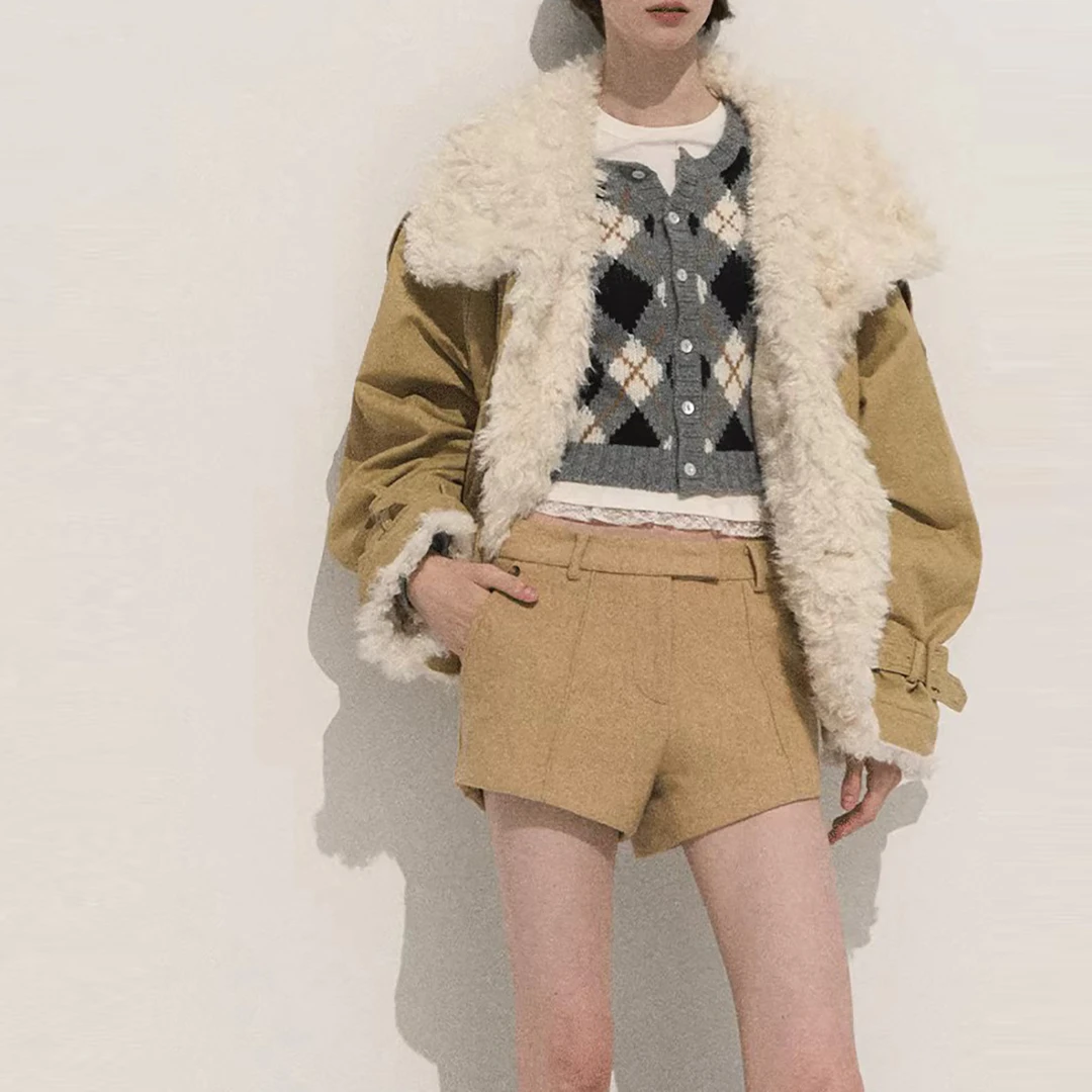 一夜的桂花树小羊羔雾面柔光蓬松短外套加绒秋冬冬季