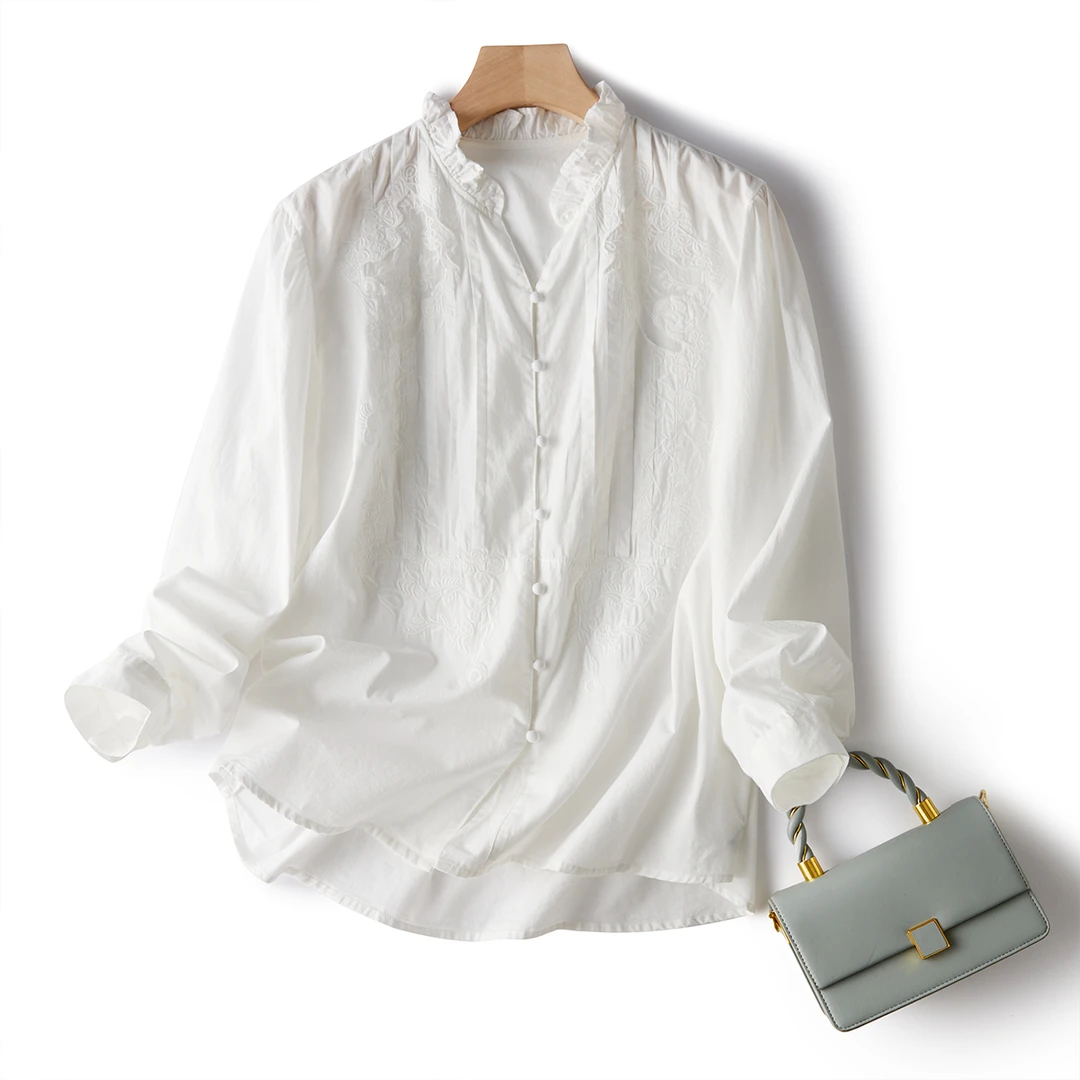 门店3&9/9！南海风情！鐘工刺绣/宽松休闲款长袖白衬衫女L72595