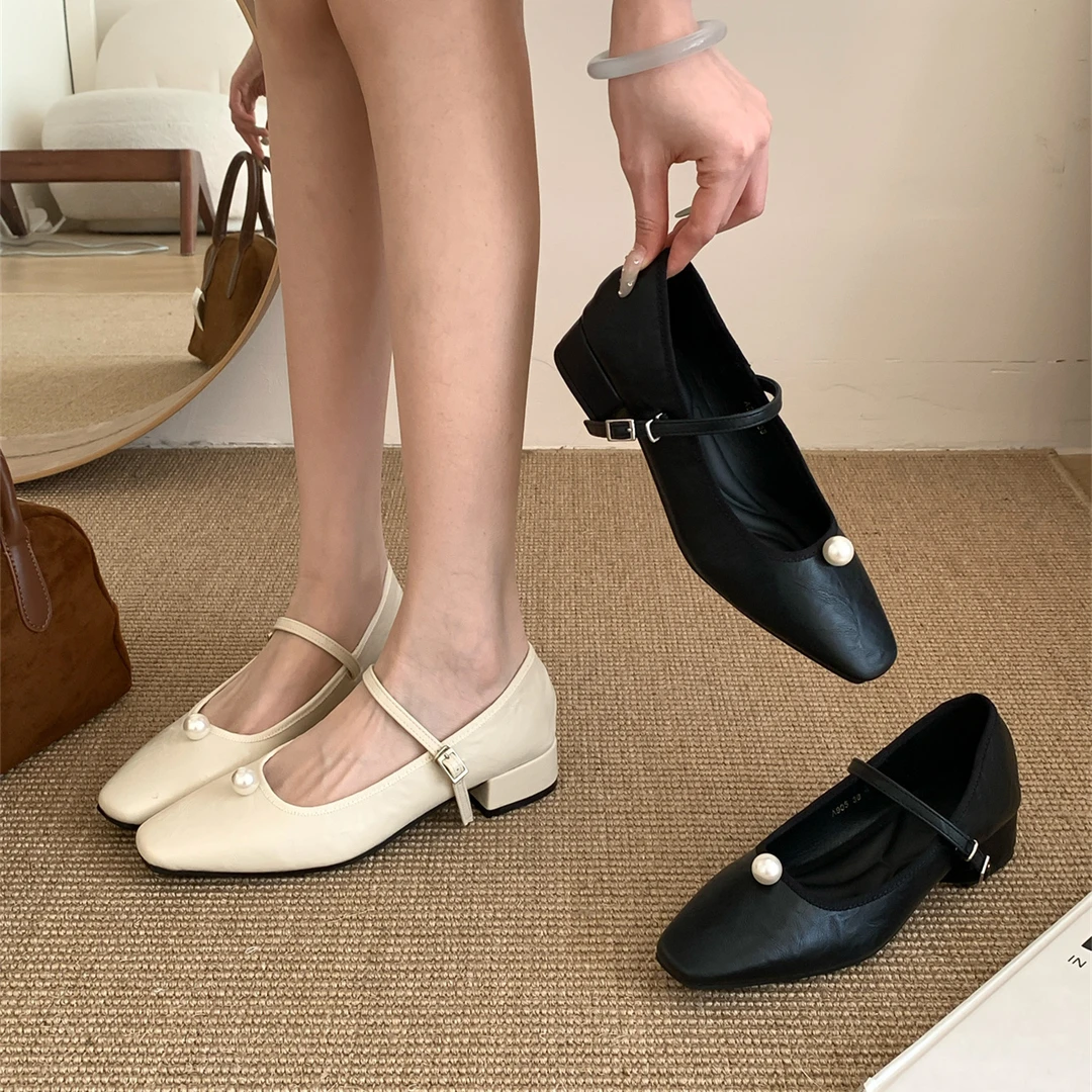 仙女风珍珠一字带浅口玛丽珍鞋女春秋季法式粗跟方头晚晚低跟单鞋