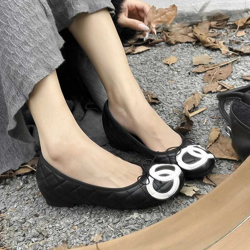 秋季小香风内增高浅口平底单鞋蝴蝶结芭蕾舞鞋女奶奶鞋大码女鞋