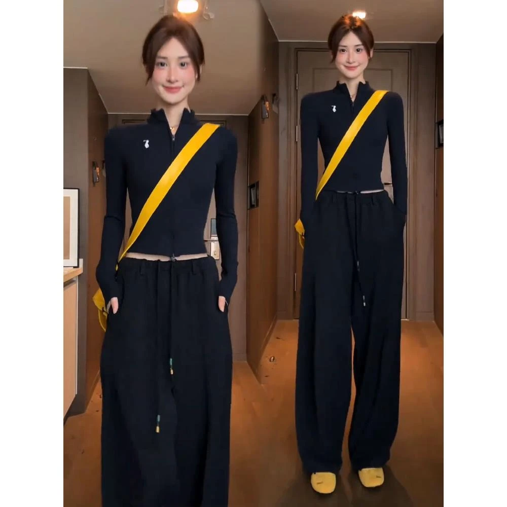 时尚休闲套装女2025秋季新款时髦洋气拉链立领上衣阔腿裤两件套潮