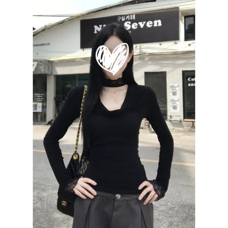 梦优莱小众炸街高级感黑色性感长袖T恤女秋冬季修身内搭打底上衣