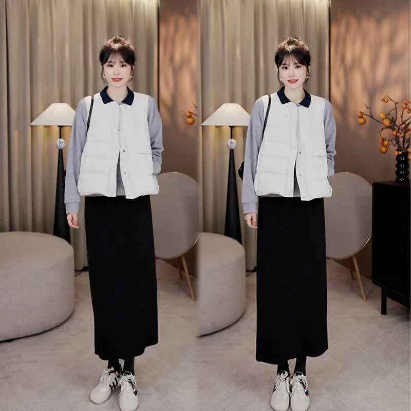 2025秋季新款设计感极简风百搭无袖马甲女打底衫休闲半身裙三件套