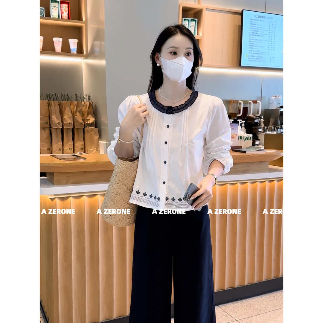 BK 2025秋款韩系秋款甜美减龄木耳领刺绣小设计休闲宽松衬衫