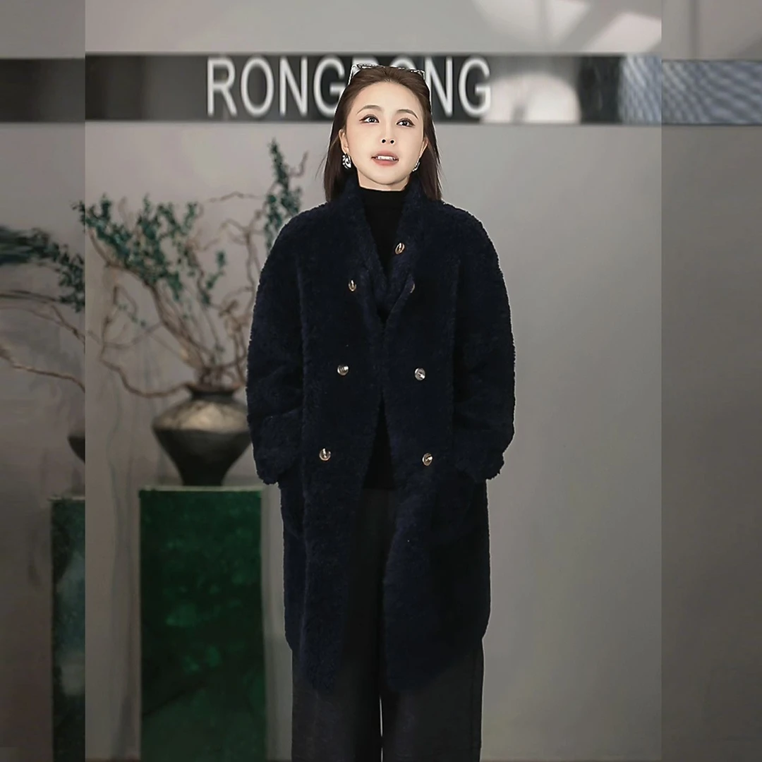 溶溶【冷烟暮蓝】RONGRONG 100绵羊毛立领排扣御寒轻奢皮草MYYF9910