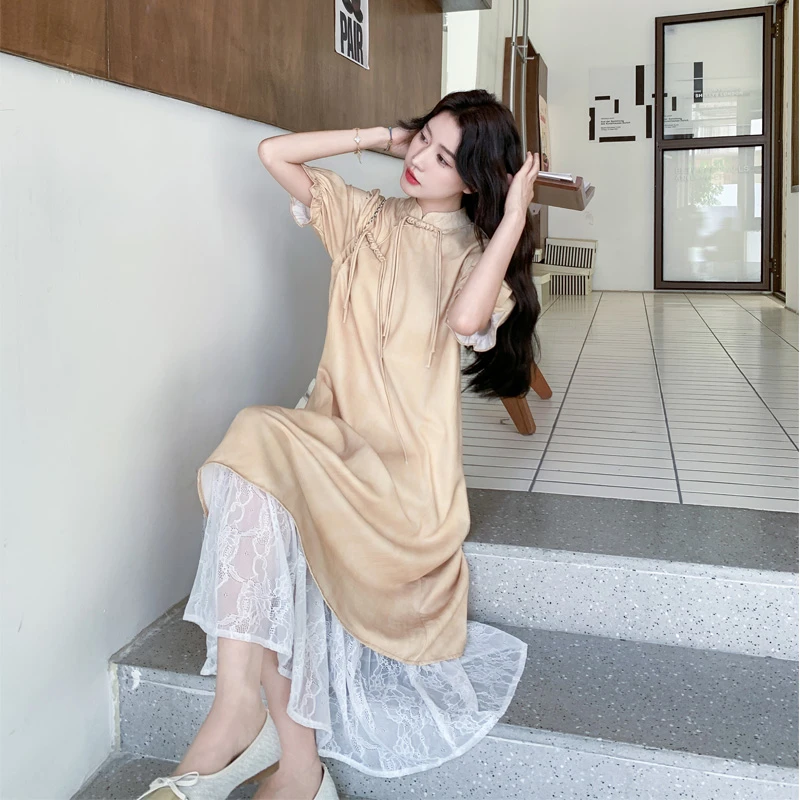 新中式国风蕾丝拼接连衣裙女2025夏季新款清冷氛围感优雅气质裙子