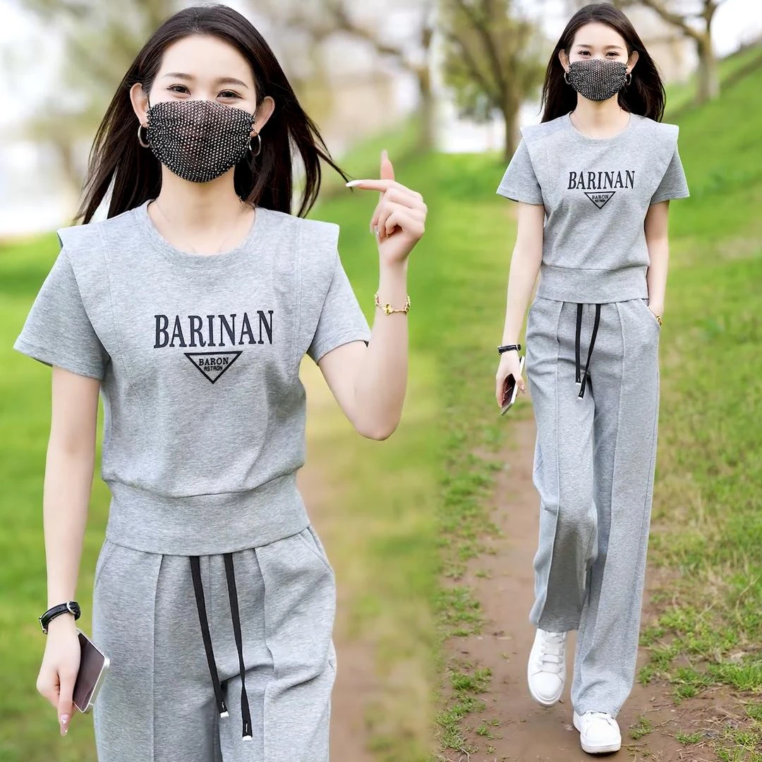 高含棉时尚运动服套装女2025年夏季新款显瘦圆领卫衣阔腿裤两件套