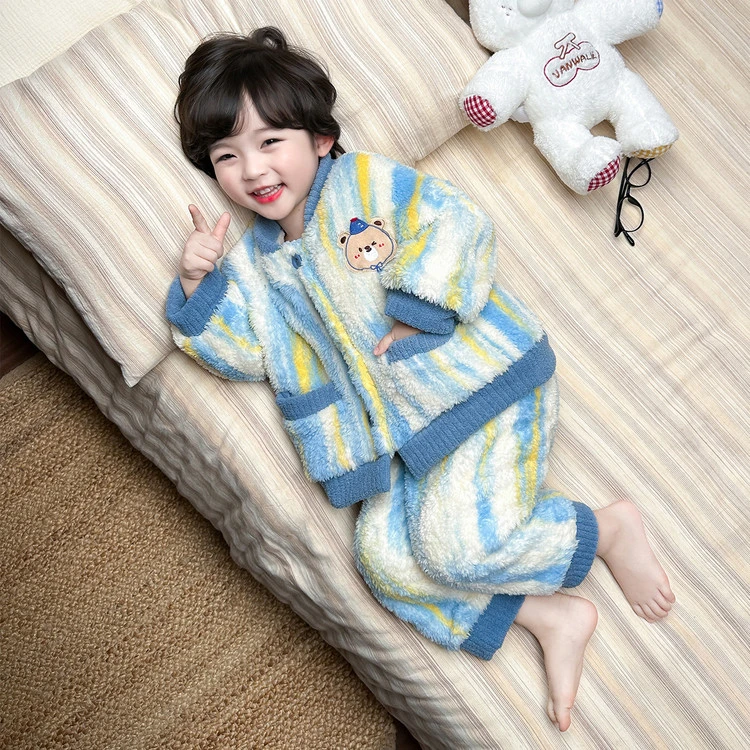 男童法兰绒睡衣冬季新款儿童宝宝加绒套装小男孩珊瑚绒保暖居家服