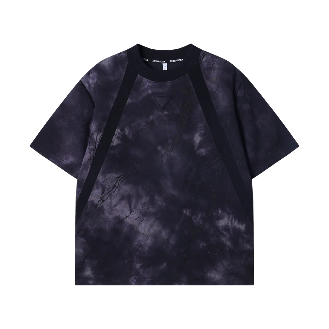 夏季高级感新款撞色扎染倒三角磨破圆领短袖T恤痞帅百搭套头上衣