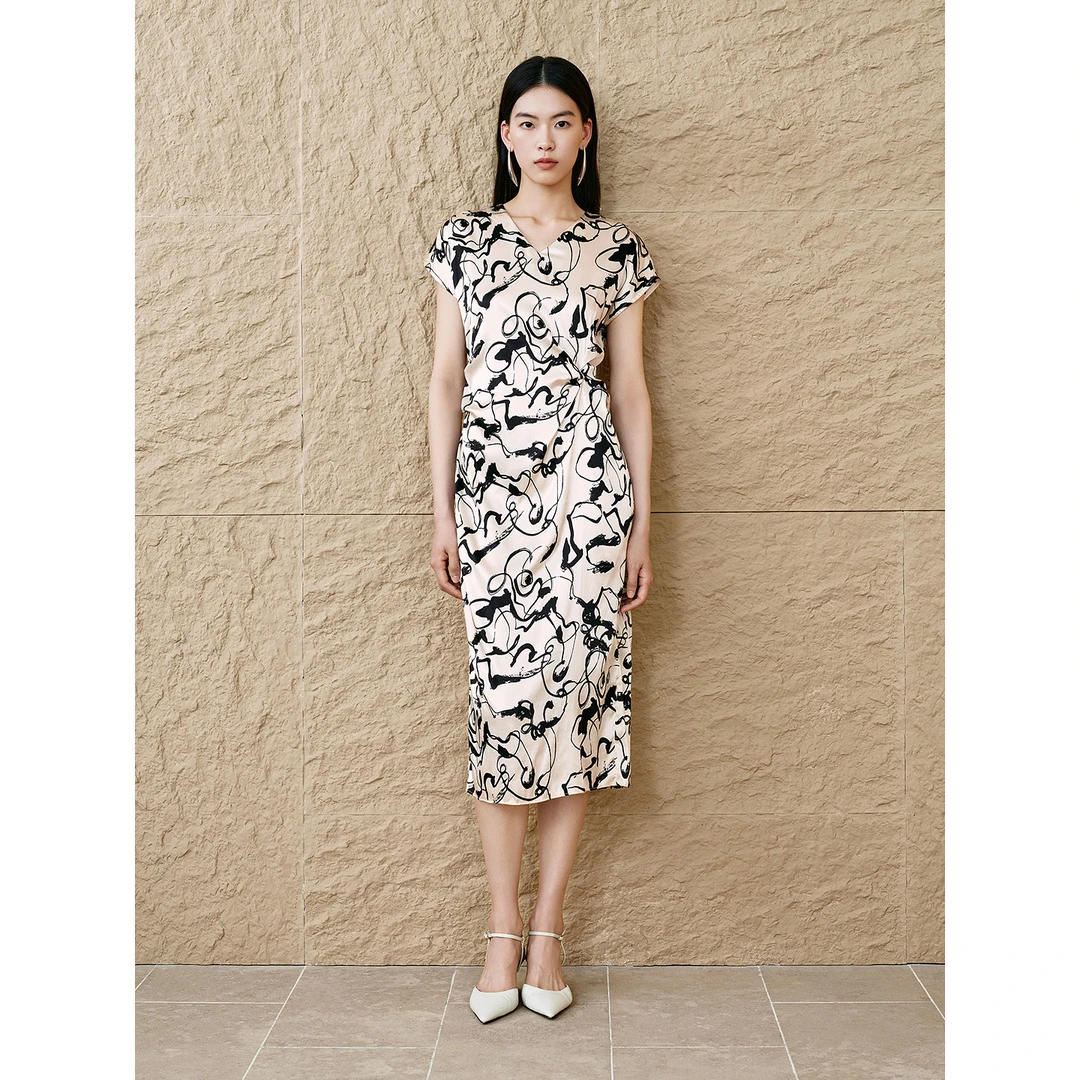 INSUN恩裳专选2025夏季艺术印花重磅桑蚕丝连衣裙9C65205930