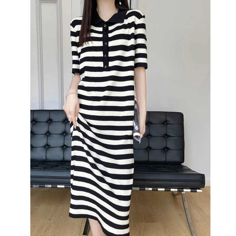 短袖新款裙子条纹时尚连衣裙连帽夏季显瘦辣妈校长夏装OLO领长裙
