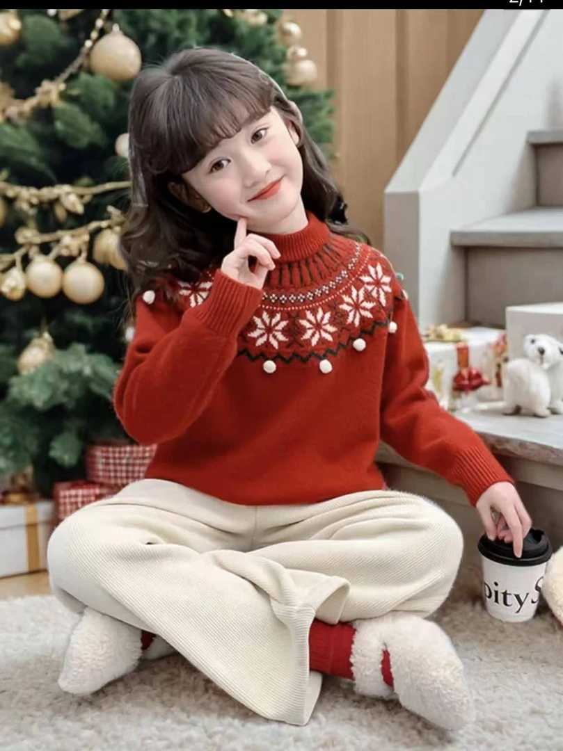 圆领女童套头不起球洋气红色秋冬加厚圣诞喜庆毛衣
