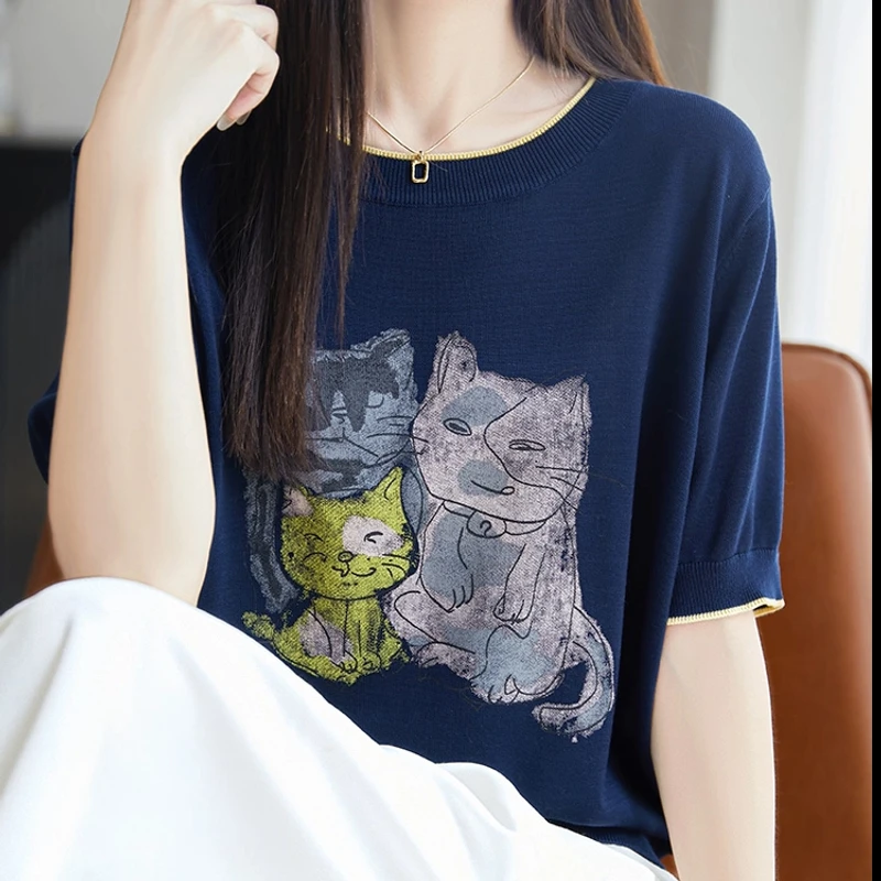 夏款新款洋气时尚圆领T恤法式宽松显瘦百搭上衣