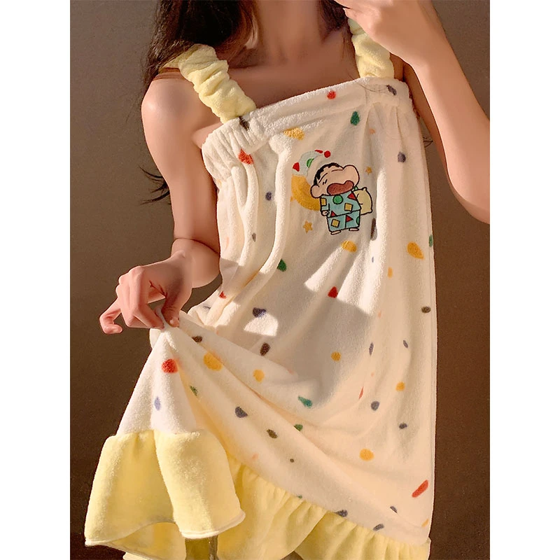 可爱蜡笔小新浴裙女吸水家用成人洗澡可穿裹巾珊瑚绒浴巾学生宿舍