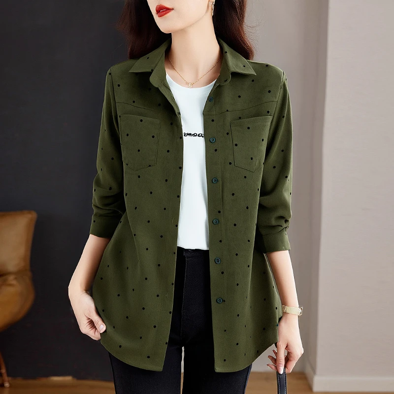 中长款宽松长袖衬衫女春秋2025新款波点时尚衬衣宽松减龄洋气上衣