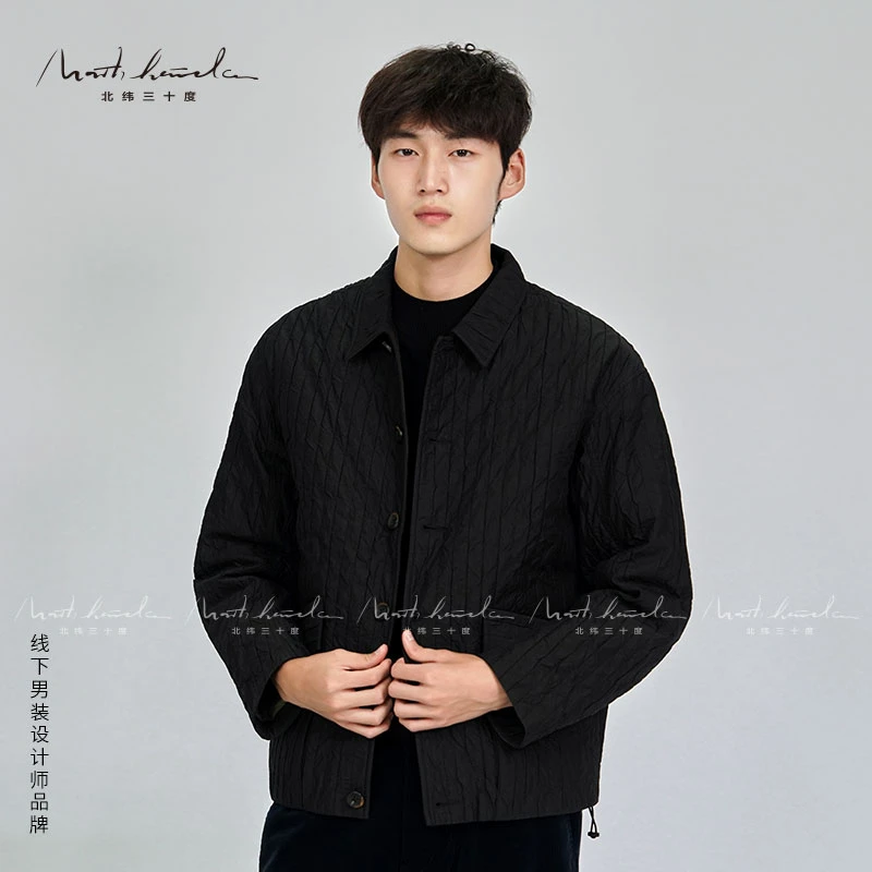 北纬三十度原创设计师品牌男士竖条格夹克时尚休闲短款羽绒服