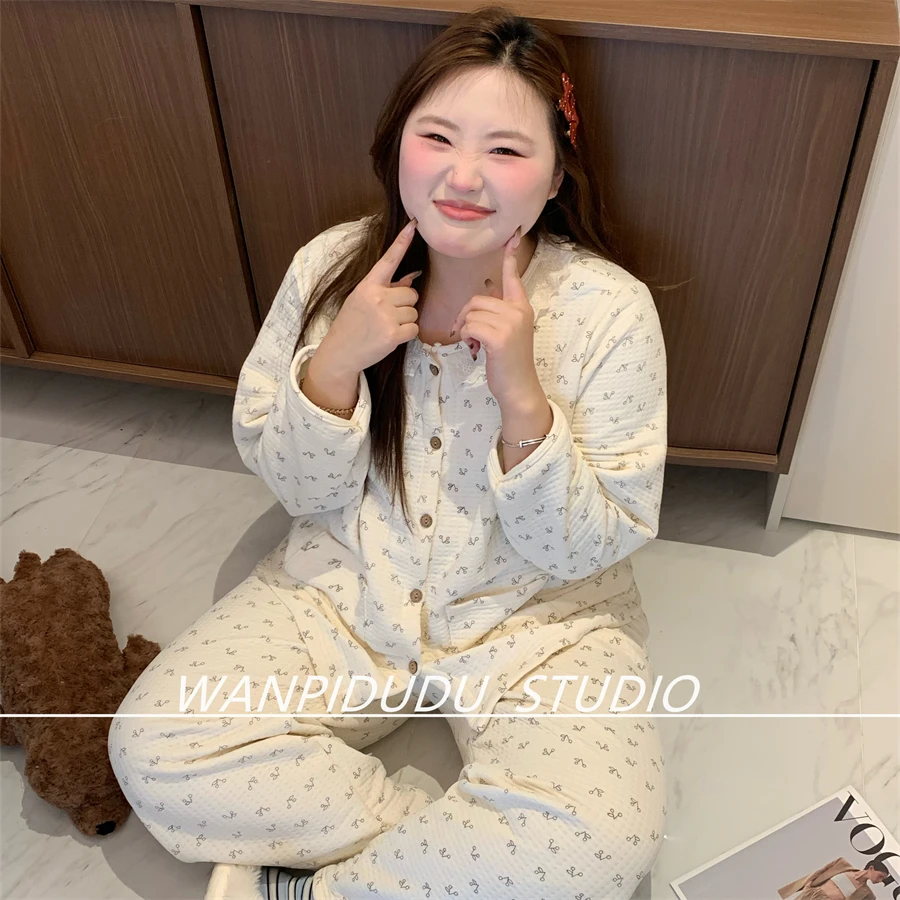 大码睡衣胖MM200斤秋冬长袖长裤空气棉夹层小樱桃印花