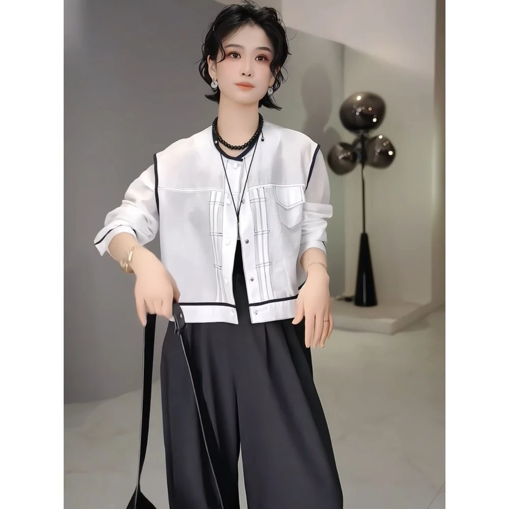 韩系设计感明线小个子短款防晒衣外套暗扣包边长袖外套