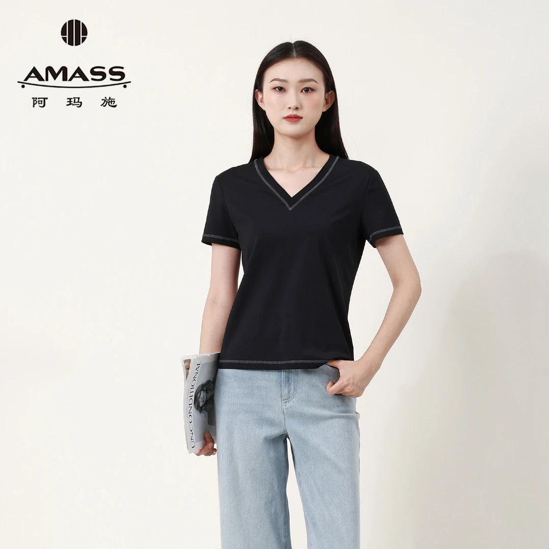 阿玛施AMASS经典百搭女士短袖v领显瘦时尚休闲简约基础T恤5301024