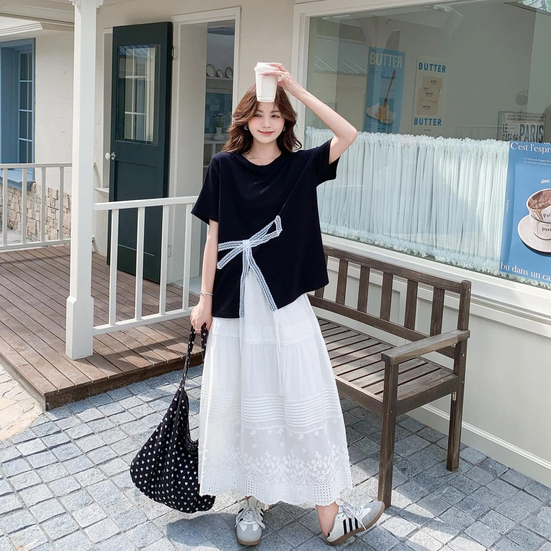 2025夏装搭配一整套女法式轻熟设计感短袖上衣蕾丝半身裙两件套装