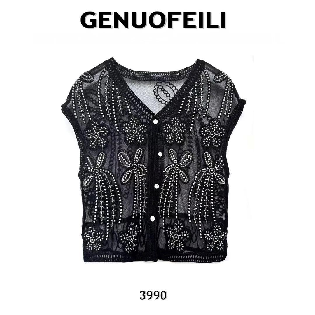 欧货重工烫钻镂空马甲显瘦时尚轻奢百搭上衣复古黑色女装洋气无袖