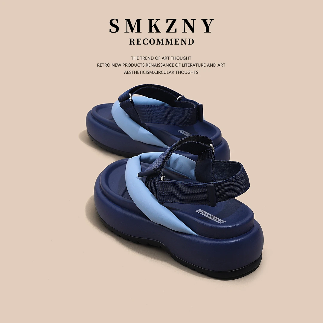 蓝色松糕厚底罗马凉鞋女2025年新款夏季外穿时尚休闲凉拖鞋-T59-8