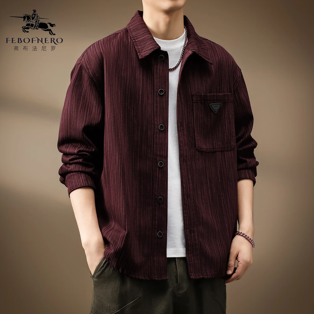 高端日系竹节纹衬衫外套秋季宽松美式复古工装新款男士时尚衬衣
