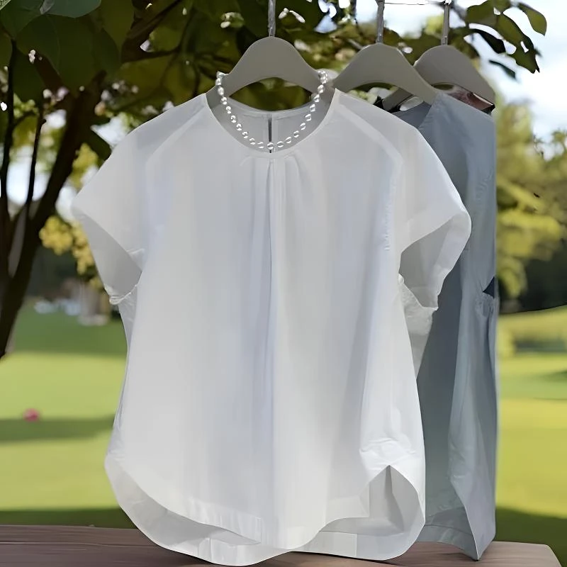赫本风褶皱圆领休闲短袖衬衫洋气白色夏季衬衣百搭女上衣