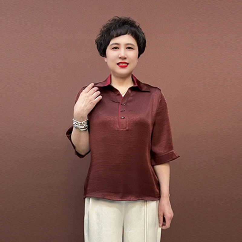 洋气妈妈坠感翻领衬衫夏季新款50-60岁大码遮肚显瘦中袖打底衫女