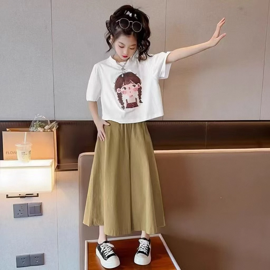 夏季2025女童新款套装小女孩时髦洋气新款短袖阔腿长裤两件套