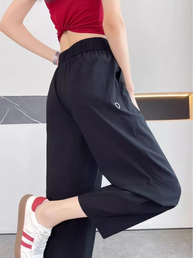 大码冰丝速干运动裤女夏季薄款胖mm休闲防晒轻量化慢跑哈伦萝卜裤