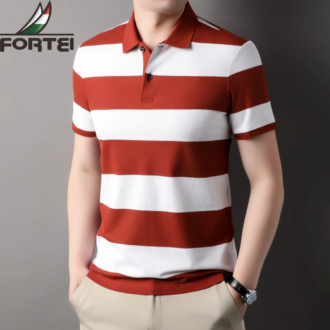 FORTEI/富鋌宽松型短袖男夏季条纹中年Polo衫宽松商务中式老钱风