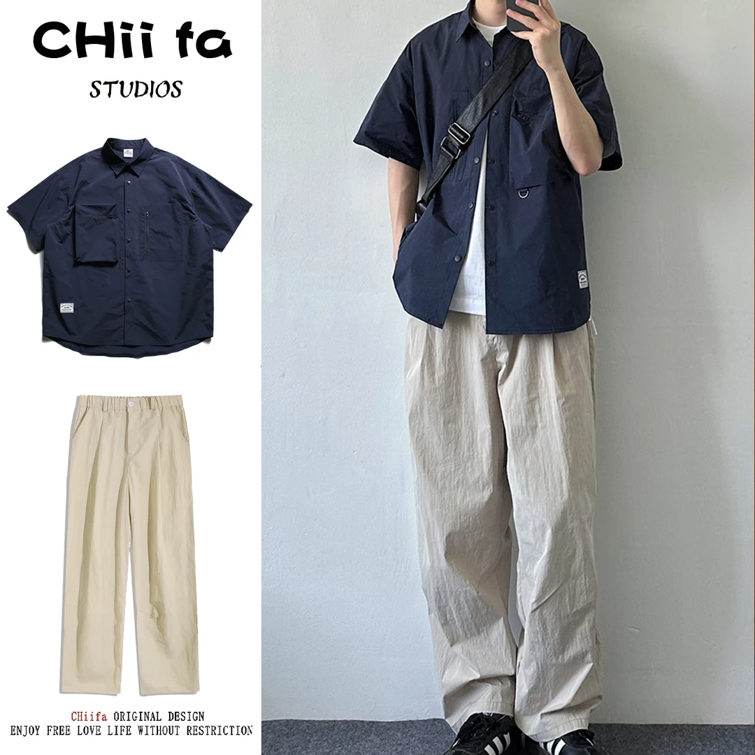 CHiifa 日系复古机能风工装短袖衬衫男夏季百搭痞帅纯色休闲衬衣