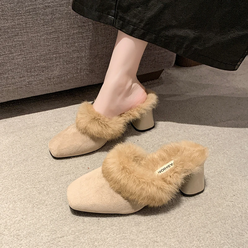 毛毛拖鞋女外穿高跟鞋秋冬季2025新款高级感粗跟加绒包头穆勒半拖