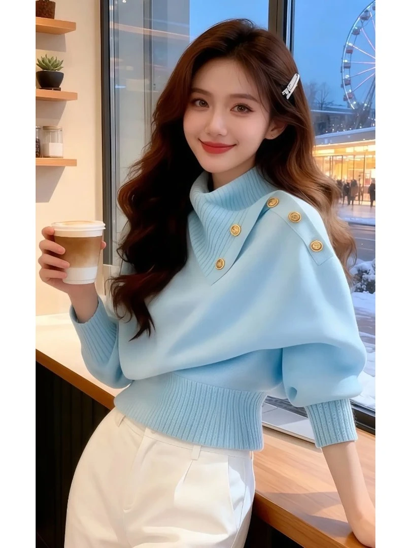 今年流行漂亮复古软糯慵懒风上衣绝美蓝色不规则领针织衫毛衣女潮