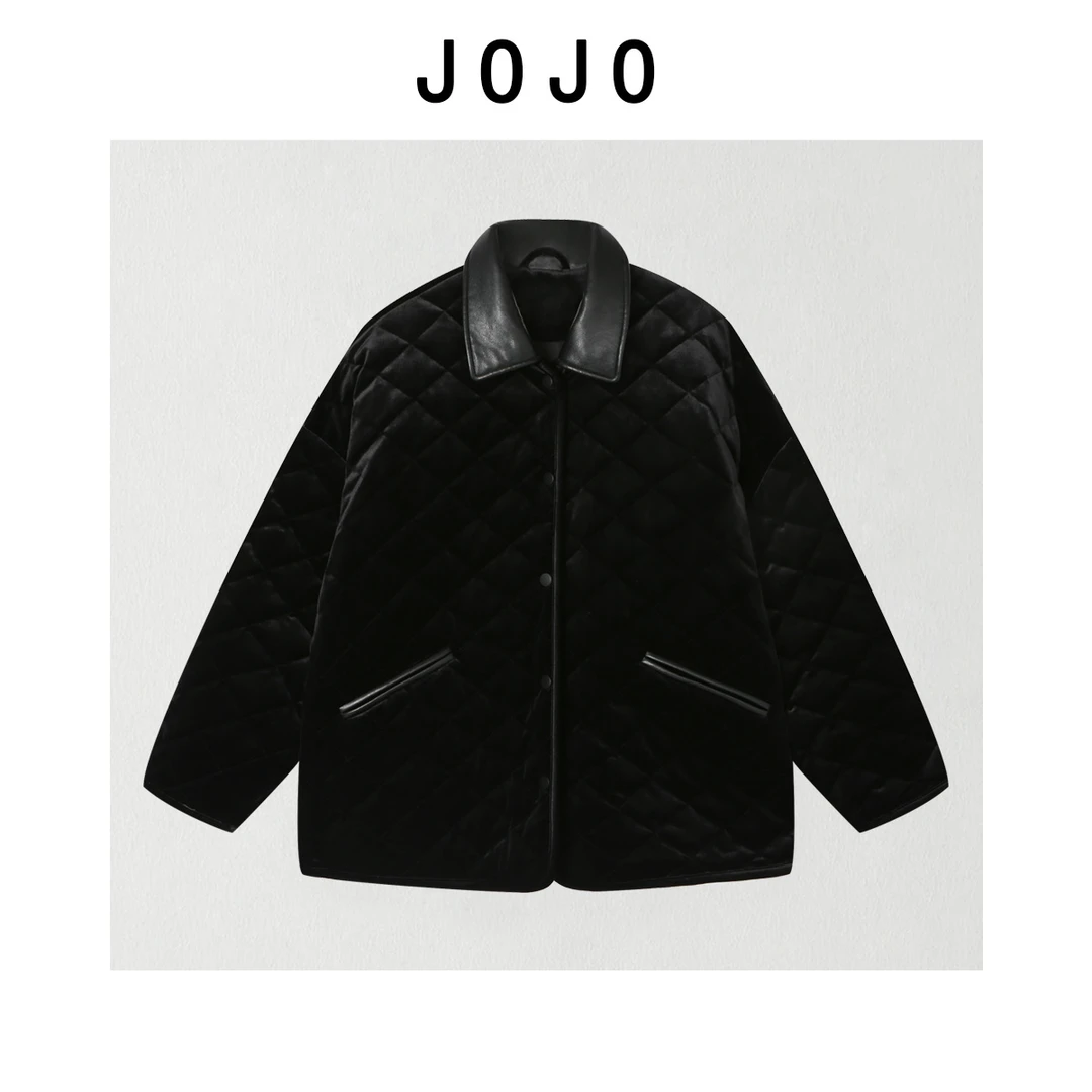 玖玖 小众设计年货定制极简风皮领拼接菱格丝绒羽绒外套2512C9139