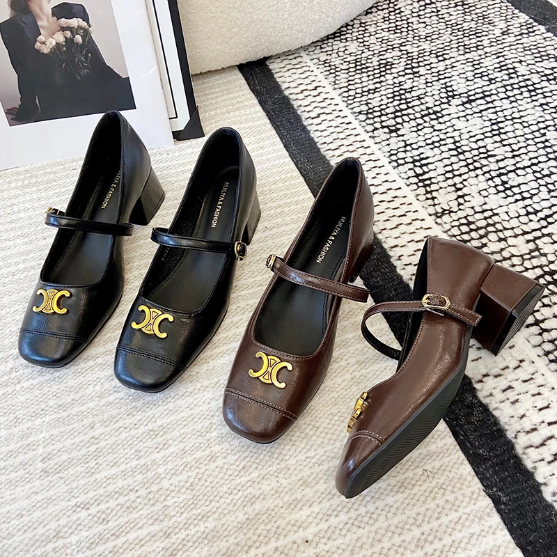 新款法式复古粗跟玛丽珍女单鞋小方头浅口一字扣带百搭真皮单鞋