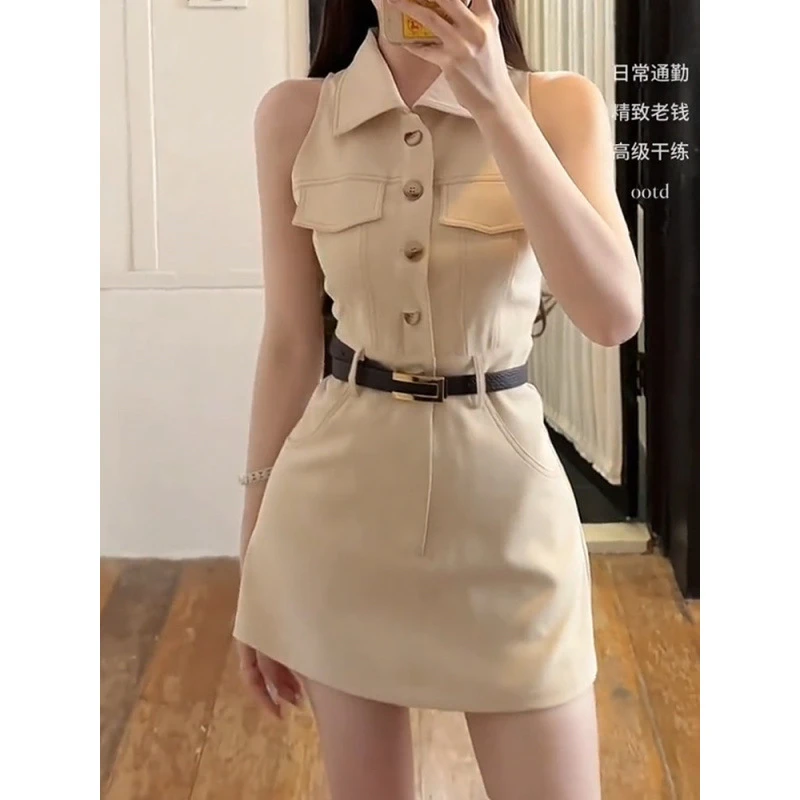 老钱风气质领无袖连衣裙女夏季新款减龄收腰显瘦性感字短裙