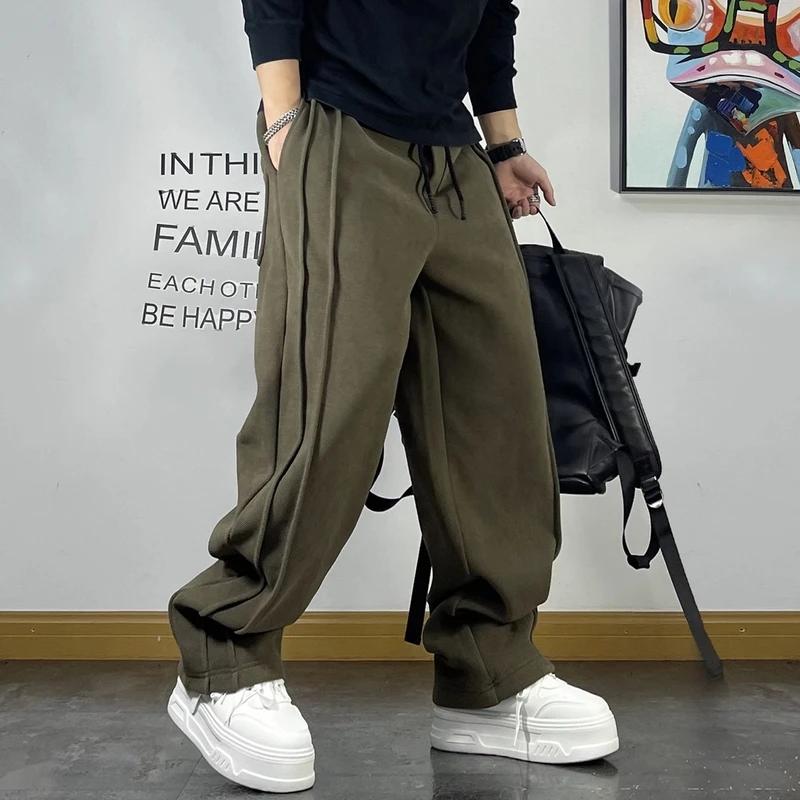 大码美式复古拼接针织运动卫裤男春秋款潮流垂感直筒裤百搭休闲裤