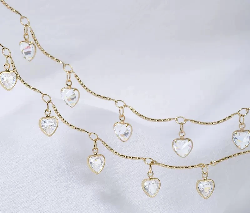 编号243 金色弯棍爱心锆石链条 百搭链条