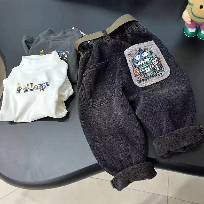 男童一体加绒牛仔裤儿童冬季裤子新款宝宝冬装加厚小童秋冬长裤潮