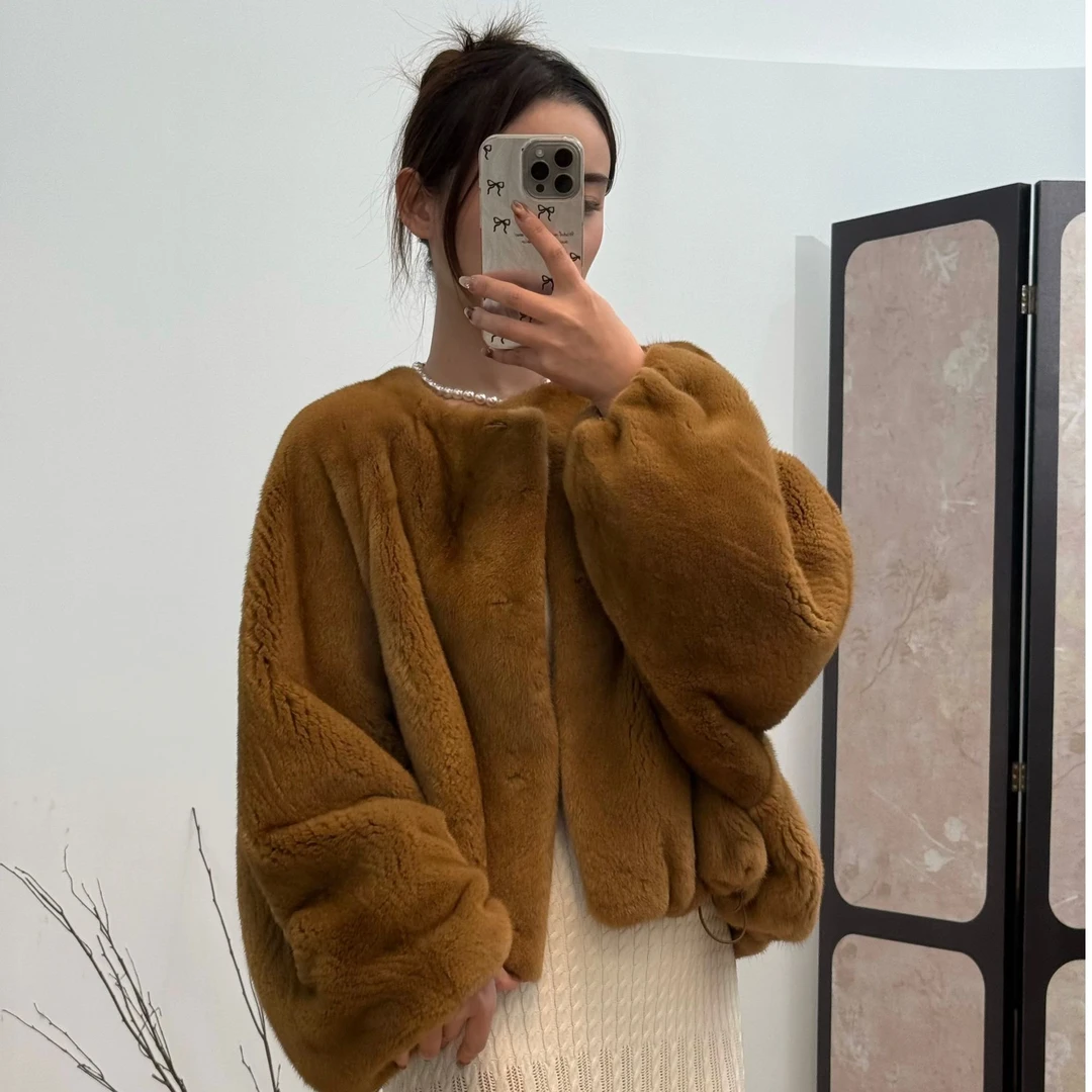 紫卿ZEEKING 新款圆领流金色小个子慵懒风短款天然水貂皮草外套