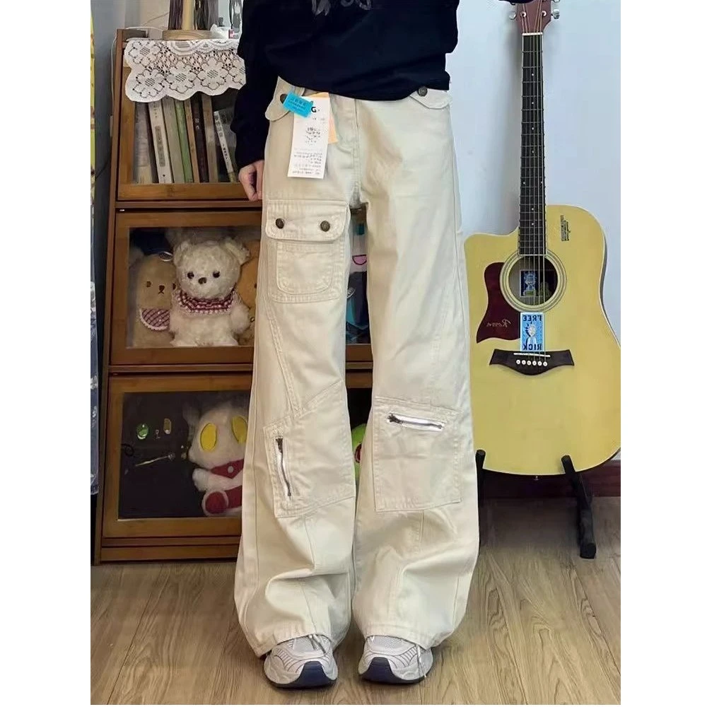 美式设计感多口袋工装牛仔裤女春季新款低腰宽松直筒微喇阔腿长裤