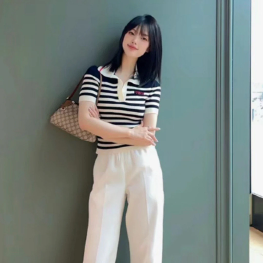 99新 GUCCI/古驰 蓝白条纹针织Polo衫/尺码M/WX109375