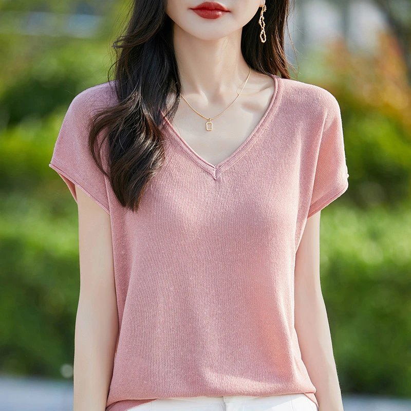 夏季薄款亚麻衫纯色V领针织衫时尚气质针织衫百搭女打底衫修身