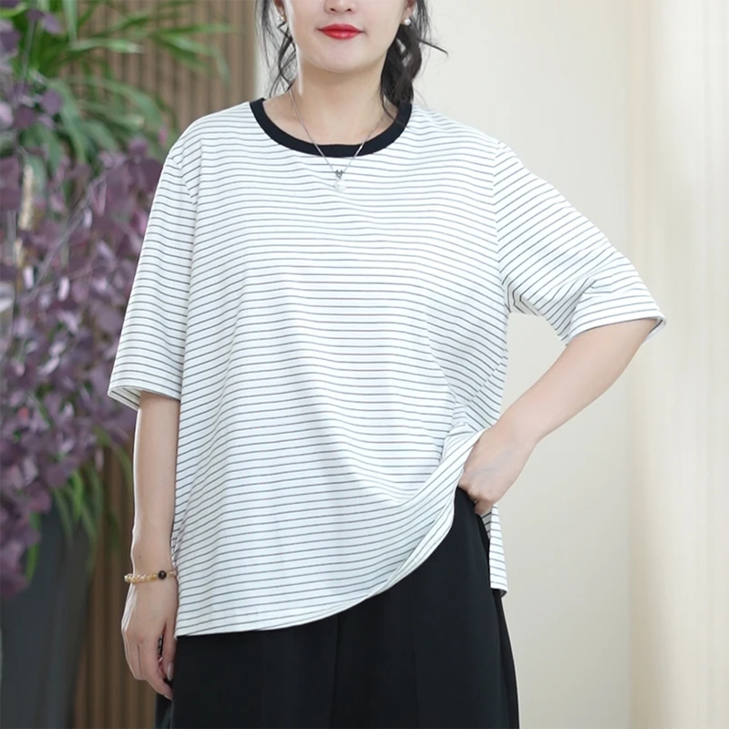 田宿棉条纹T恤除臭吸汗抗菌防螨虫宽松大码舒适透气短袖上衣女潮