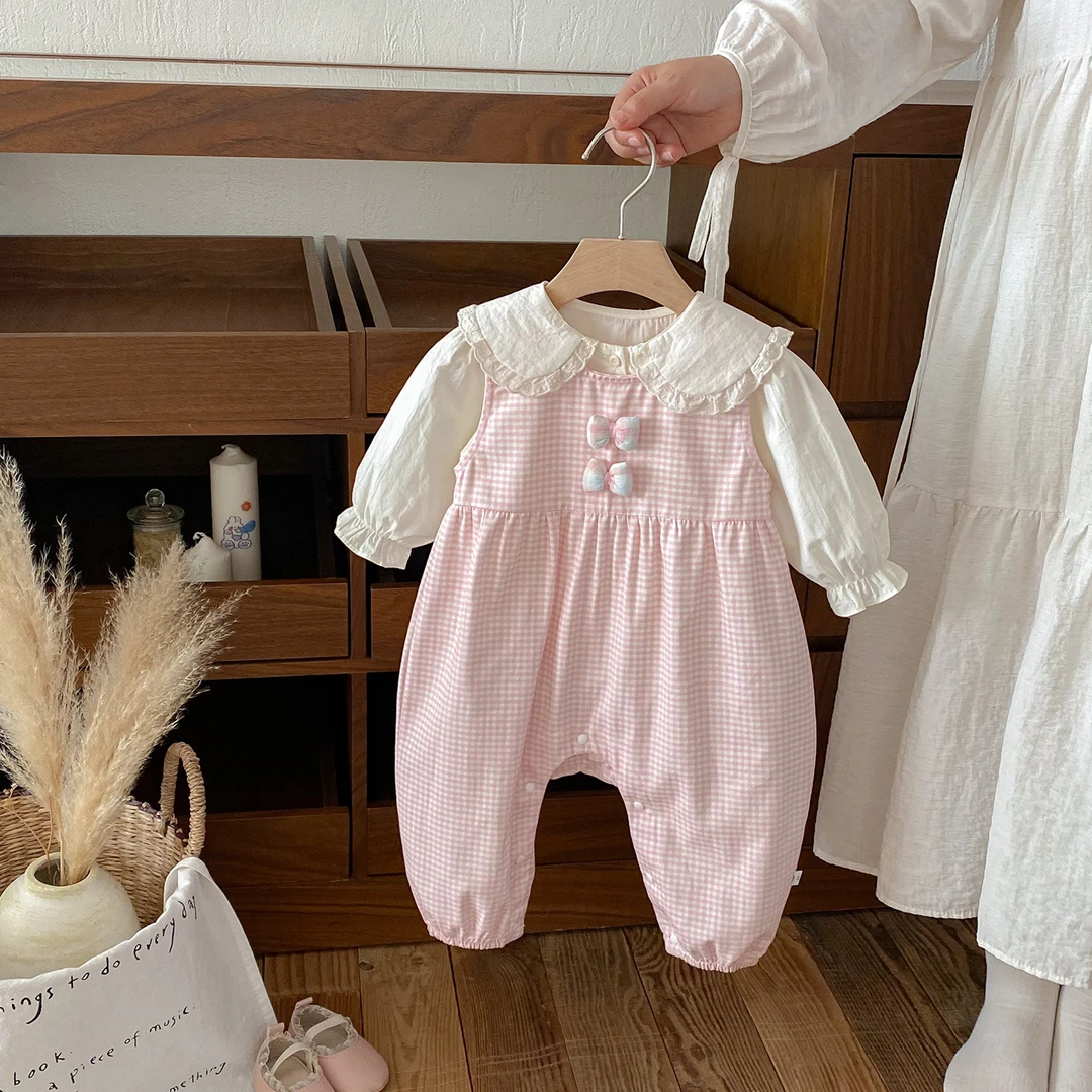 2025秋季新款婴幼儿格子哈衣套装女宝宝翻领衬衫爬服两件套