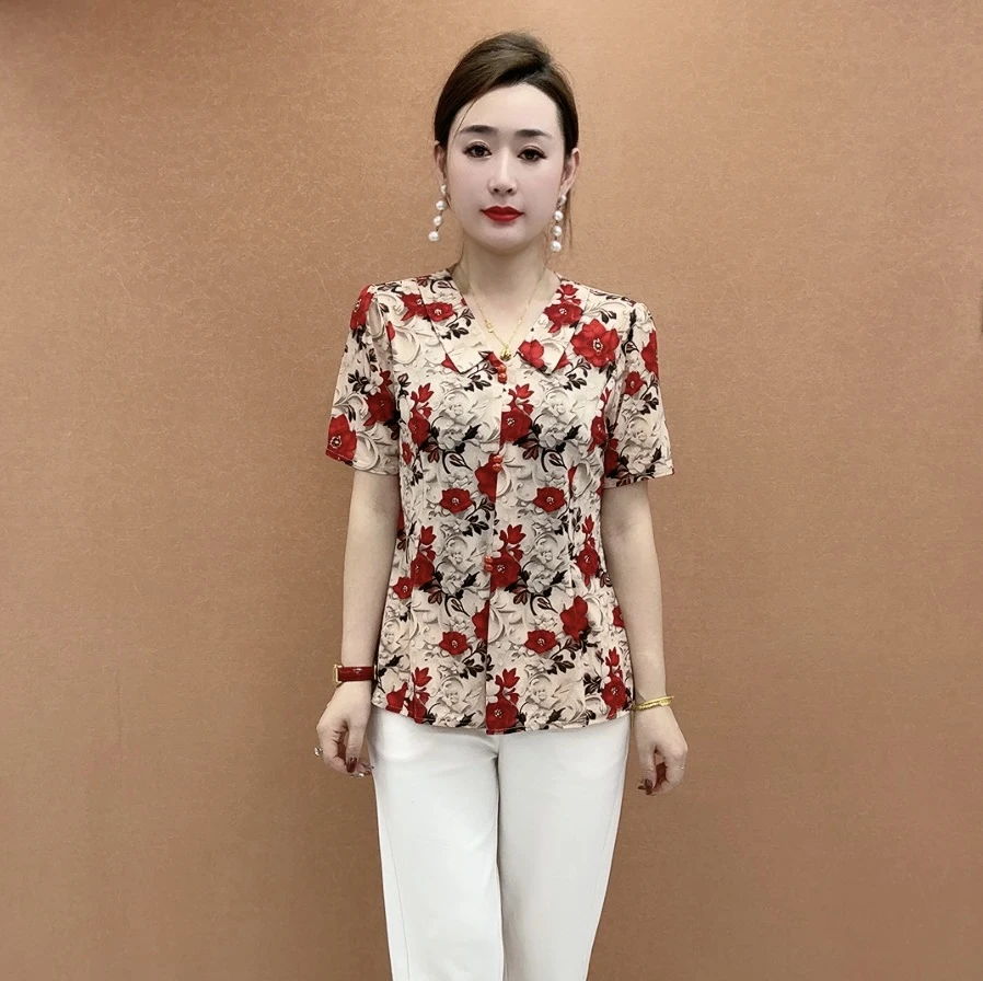 夏季2025新款时尚洋气宽松印花中老年妈妈T恤显瘦短袖小衫上衣女