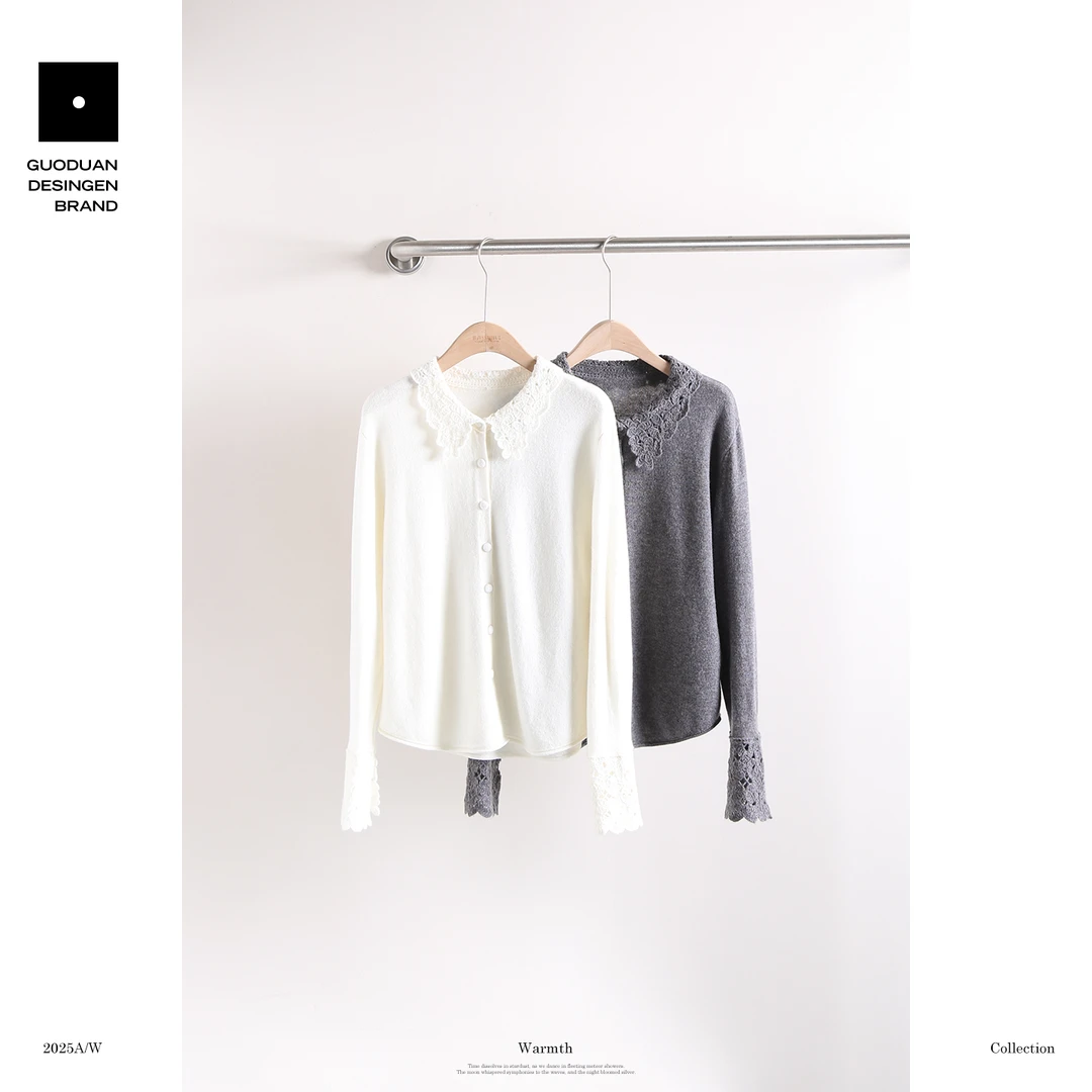 果缎 云绒花边领精致羊毛针织上衣 MJQ1-83333